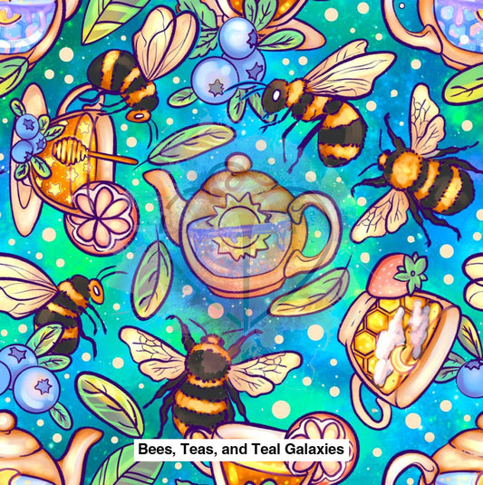 Bees Teas And Teal Galaxies Fabric Fabrics