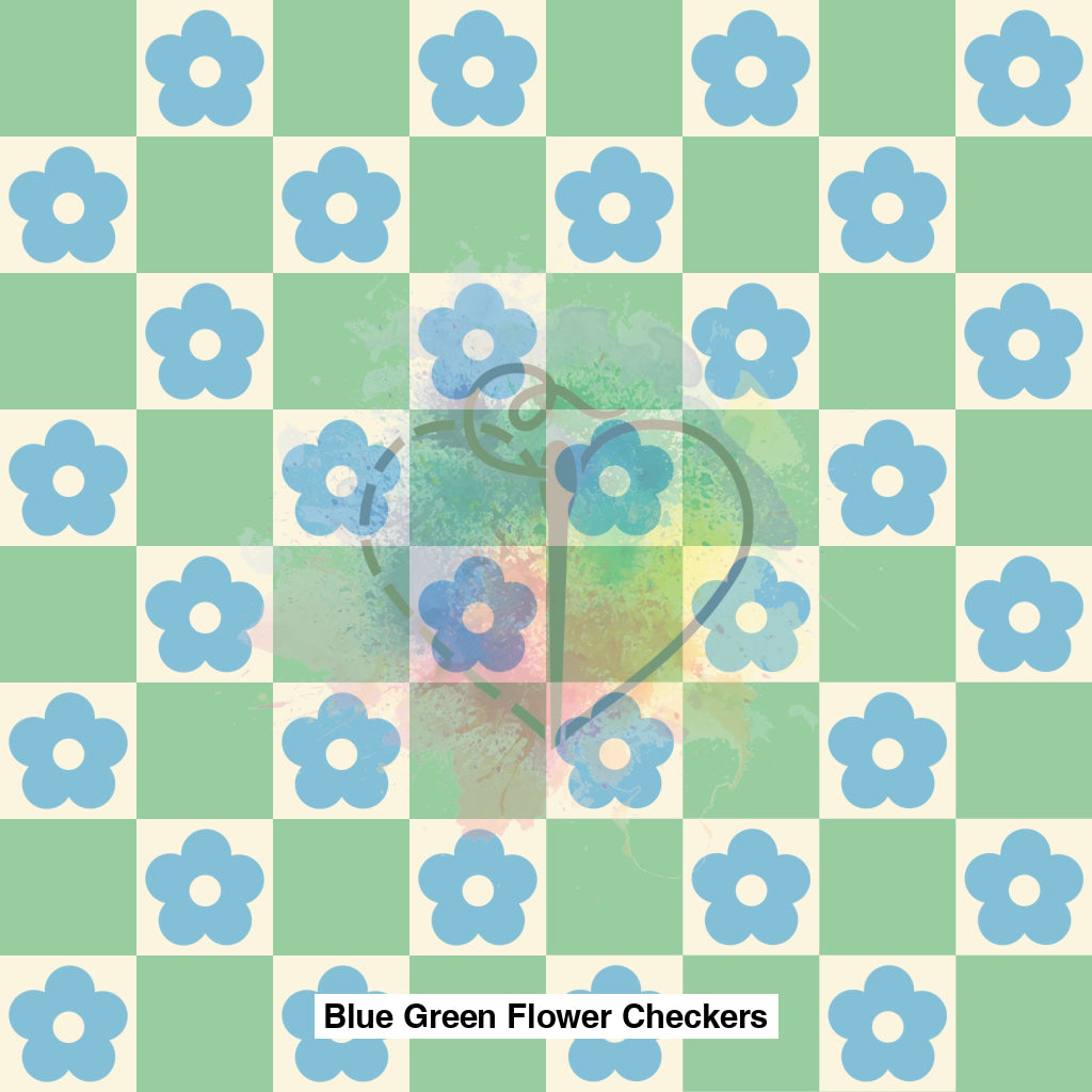 Blue Green Flower Checkers Fabric