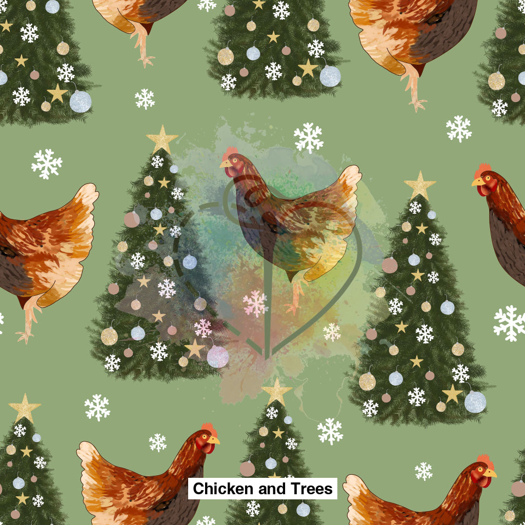 Chicken And Trees Fabric Fabrics