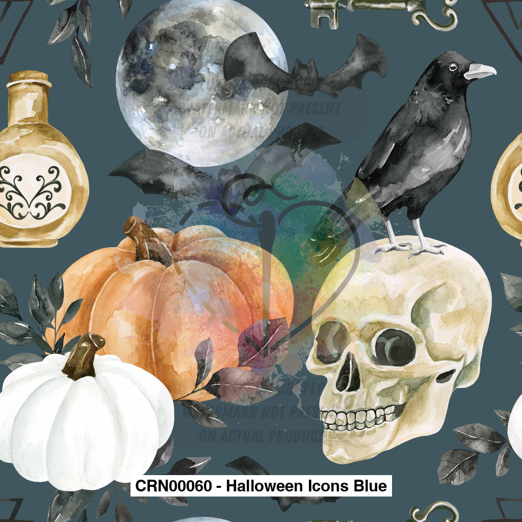 Crn00060 - Halloween Icons Blue Fabric