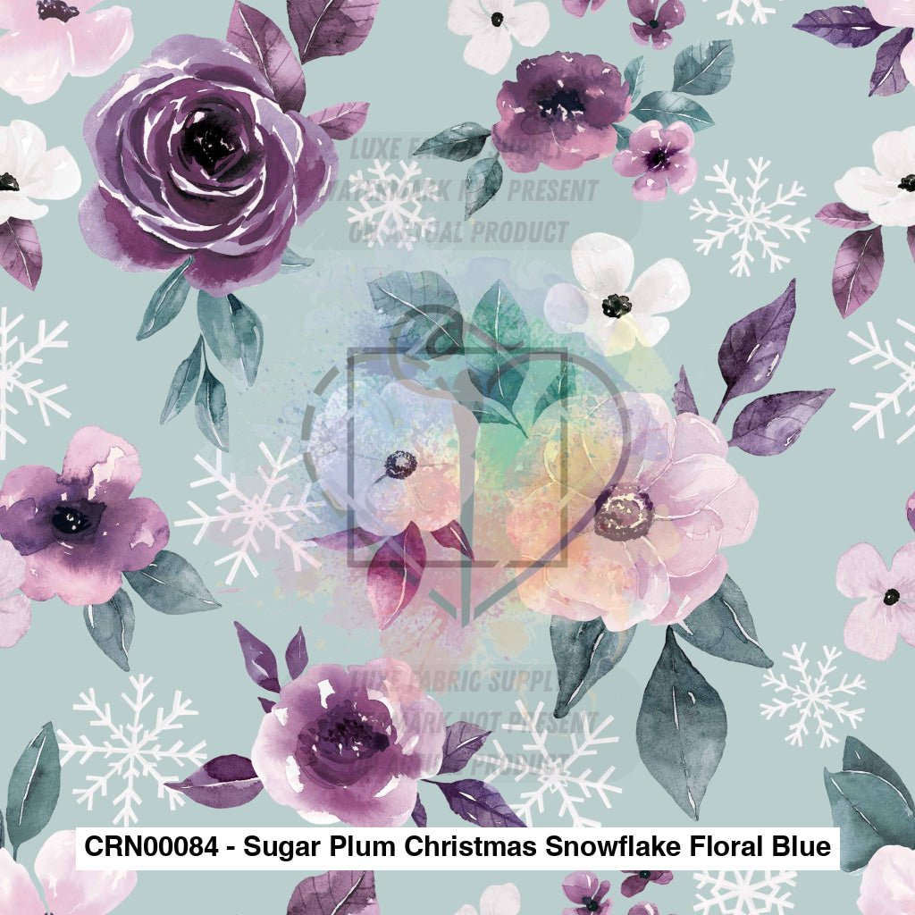 Crn00084 - Sugar Plum Christmas Snowflake Floral Blue Fabric