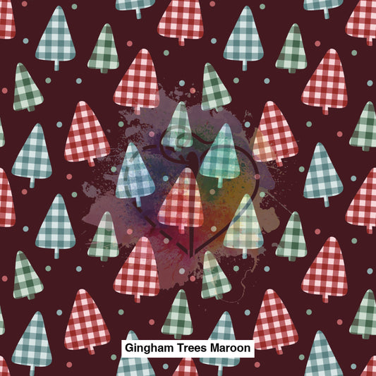 Gingham Trees Maroon Fabric