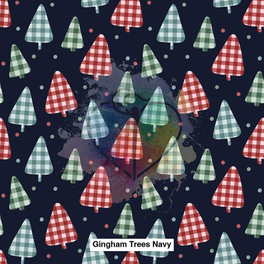 Gingham Trees Navy Fabric