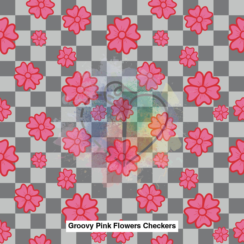 Groovy Pink Flowers Checkers Fabric