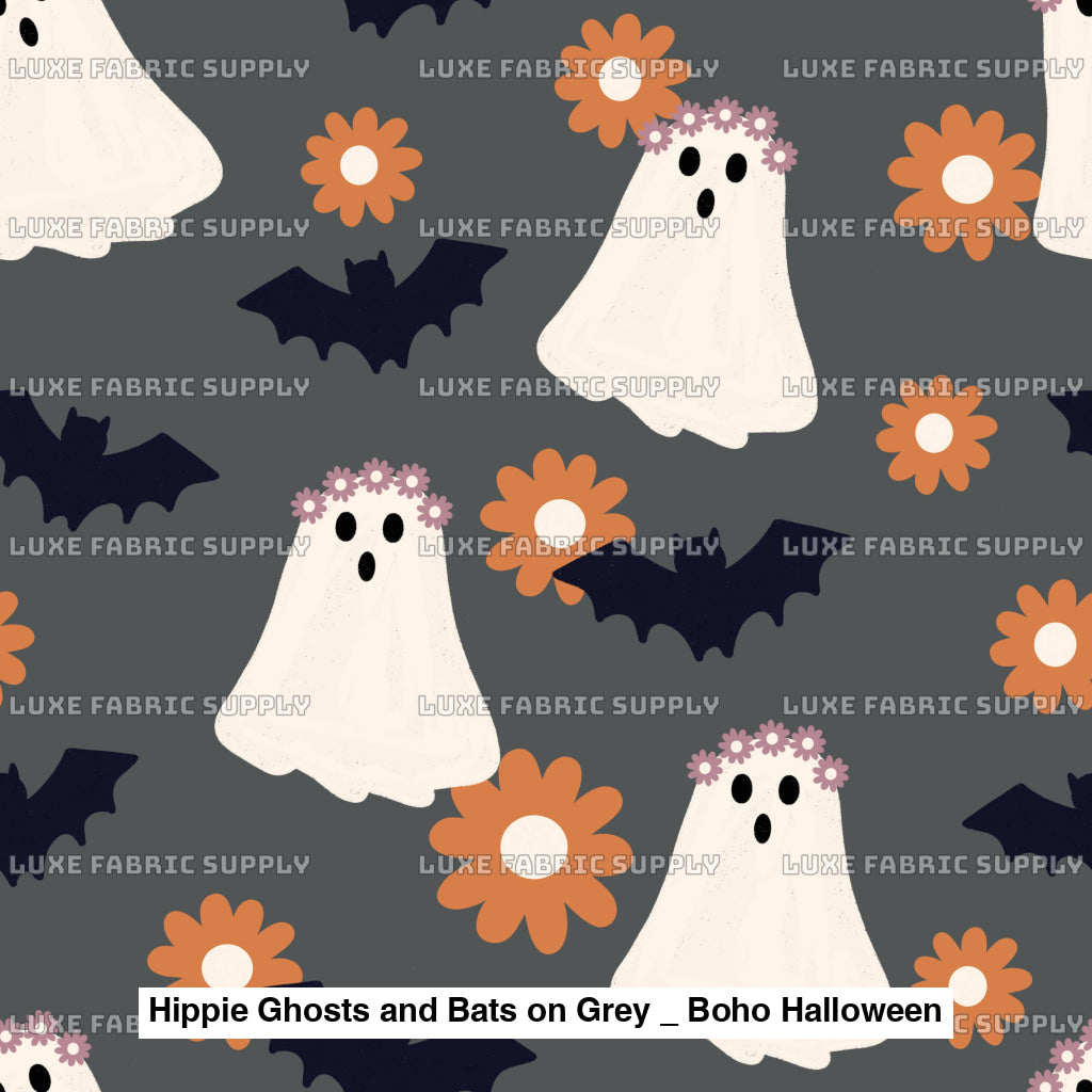 Hippie Ghosts And Bats On Grey _ Boho Halloween Fvs Catalog