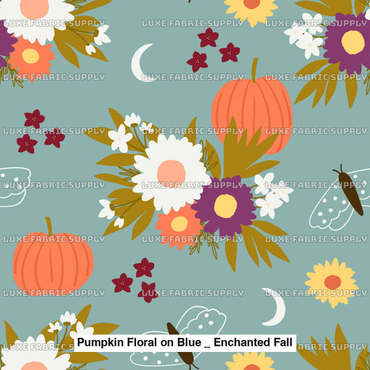 Pumpkin Floral On Blue _ Enchanted Fall Fvs Catalog