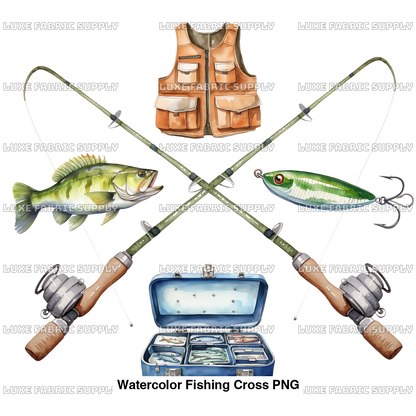 Watercolor Fishing Cross Png Panel